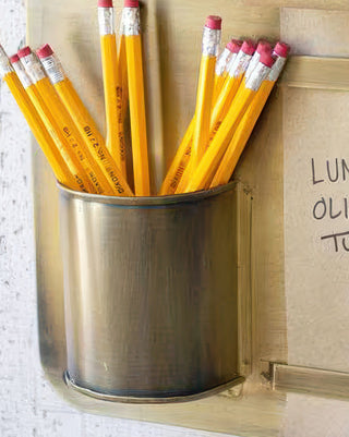 Antique Brass Wall Organizer - Hanging Note Roll Holder with Pencil Cup
