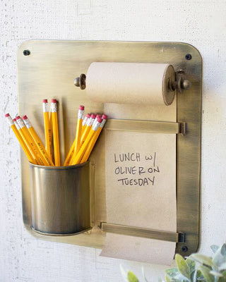 Antique Brass Wall Organizer - Hanging Note Roll Holder with Pencil Cup