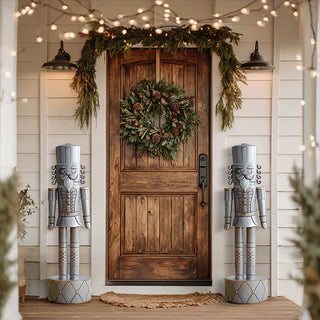  Pair of oversized metal nutcracker soldiers flanking farmhouse front door with evergreen wreath garland and string lights on white shiplap exterior