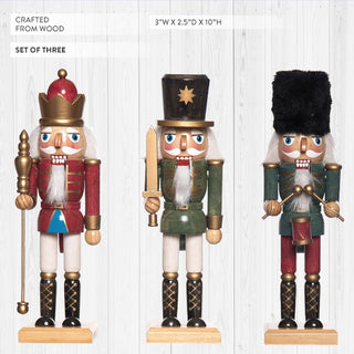 Product specifications showing 10 inch wooden nutcracker set crafted from wood with three different soldier designs