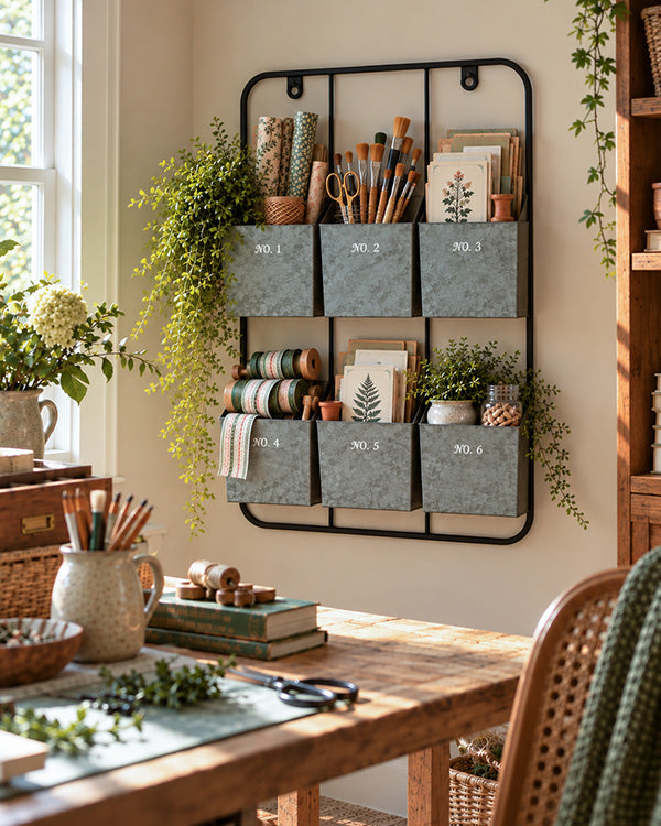 Silver Metal Wall Organizer with 6 Removable Bins