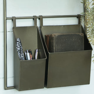 Vintage style metal wall storage system with hanging bins and rail for entryway