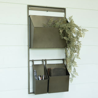 Bronze finish wall organizer with tiered bins and hooks for mudroom organization