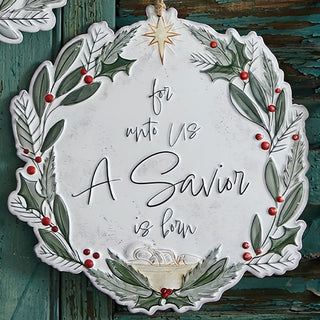 
Farmhouse style nativity themed ornaments with jute string hangers and wooden bead details