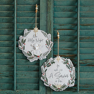 Set of two religious Christmas ornaments with hand painted greenery and scripture text