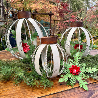 Oversized Vintage Inspired Distressed Cream Metal Christmas Ornaments, Set of Three