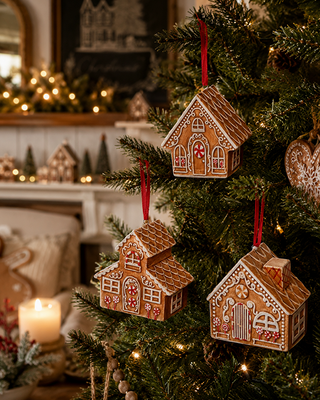 Ceramic Gingerbread Cookie Ornaments, Set of 3 Brown White Red Christmas