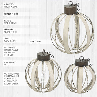 Oversized Vintage Inspired Distressed Cream Metal Christmas Ornaments, Set of Three