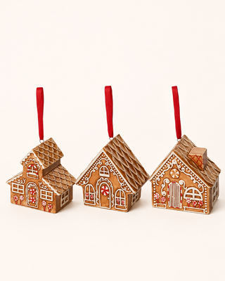 Ceramic Gingerbread Cookie Ornaments, Set of 3 Brown White Red Christmas