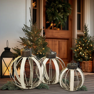 Oversized Vintage Inspired Distressed Cream Metal Christmas Ornaments, Set of Three