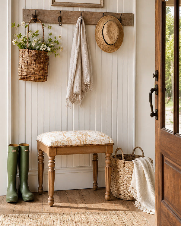 Natural Wood Ottoman Bench with Floral Upholstered Top