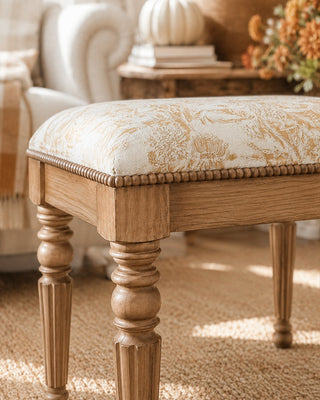 Natural Wood Ottoman Bench with Floral Upholstered Top