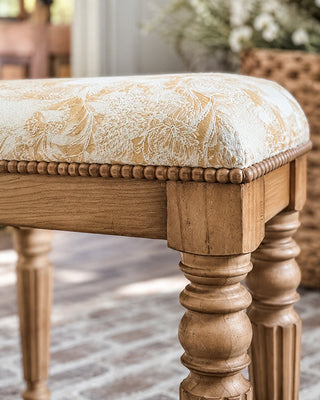 Natural Wood Ottoman Bench with Floral Upholstered Top