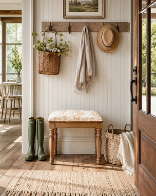 Natural Wood Ottoman Bench with Floral Upholstered Top