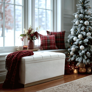 Cream boucle storage ottoman set with gold metal base featuring button-tufted design in cozy holiday bedroom setting