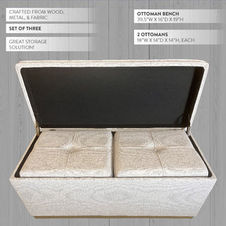 Three-piece storage ottoman set showing large bench and two smaller ottomans with cream boucle upholstery and gold legs