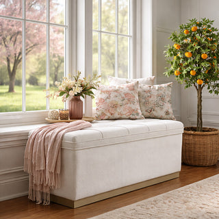 Cream fabric storage bench by window decor