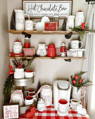 glass canisters on Valentine's Day coffee bar shelves with rae dunn