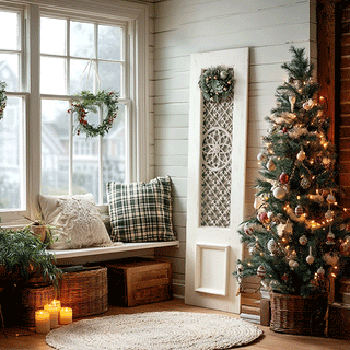 Distressed white wood and metal lattice wall panel displayed in cozy farmhouse Christmas living room with decorated tree and window seat