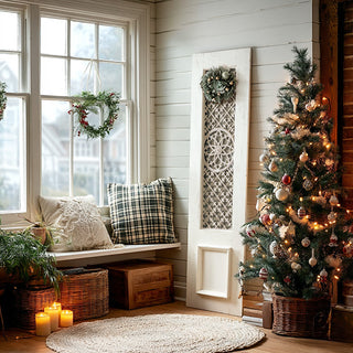 White distressed decorative wall panel with metal lattice hung in rustic farmhouse holiday bedroom setting