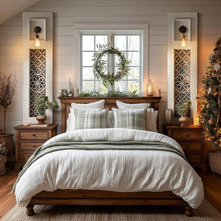 White wood metal panel wall decor hung vertically in cozy bedroom with wreath and natural greenery