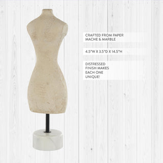 Beige distressed dress form mannequin with dimensional measurements shown
