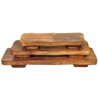  Three wooden display pedestals arranged separately on white background showing all sizes