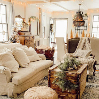 Rustic living room with hanging bead chandelier