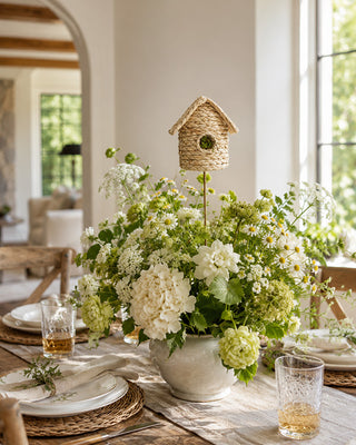 Braided seagrass birdhouse floral pick with dried moss woodland accent