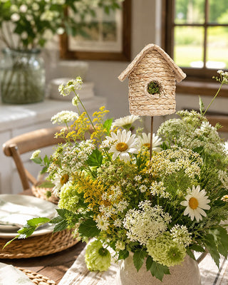 Vintage birdhouse floral stem pick natural seagrass cottage core decor
