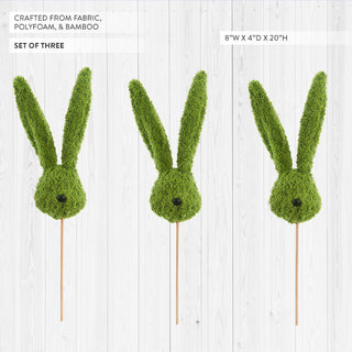Moss Bunny Head Floral Picks, Set of 3 | 20" Easter Spring Vase Filler Decorative Picks