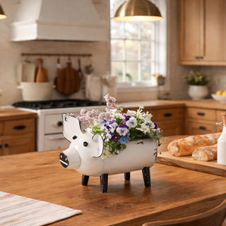 White metal pig planter farmhouse kitchen decor