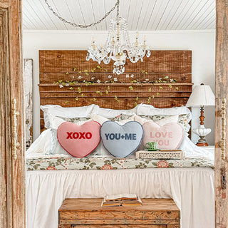Romantic bedroom with heart pillows Valentine home decor