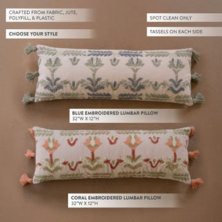 Embroidered Cotton Lumbar Pillow with Tassels, Choose Your Style