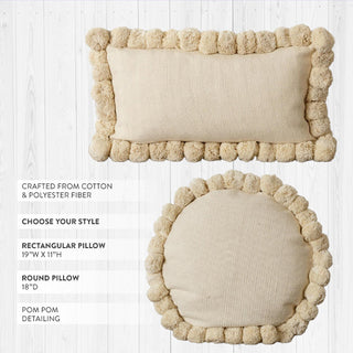 Cream textured rectangular and round pom pom throw pillows with cotton polyester construction on white shiplap background showing style options and dimensions
