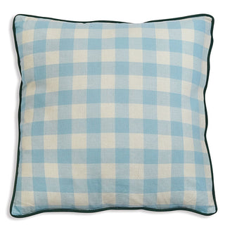 Light blue and cream buffalo check gingham pillow reverse side with dark teal piping detail 18x18 square