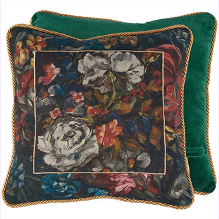  Front and back view of reversible floral velvet pillow with rope trim