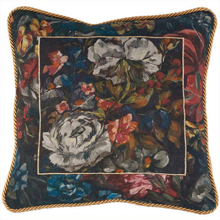  Close up of gold embroidered frame and rope piping on velvet pillow