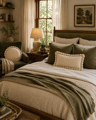 Cozy bedroom with a bed, armchair, and window view
