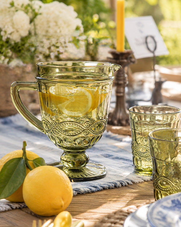 Vintage Inspired Green Embossed Glass Pitcher