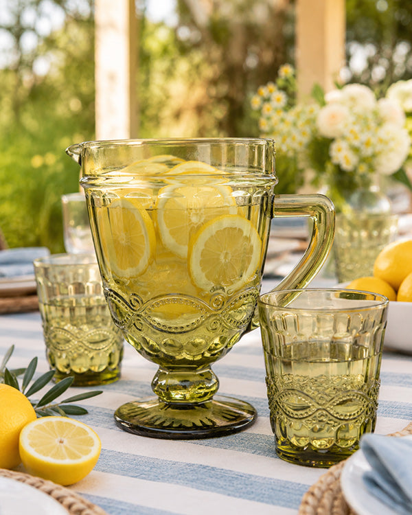 Vintage Inspired Green Embossed Glass Pitcher