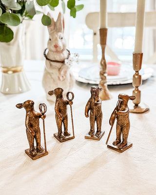 Vintage Distressed Gold Bunny Place Card Holders with Staff, Set of 4