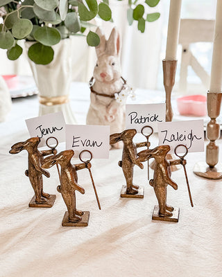 Vintage Distressed Gold Bunny Place Card Holders with Staff, Set of 4