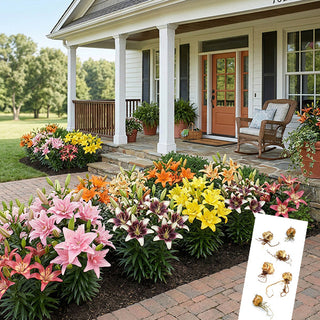 Colorful pollen-free Asiatic lily flowers blooming in front yard garden bed