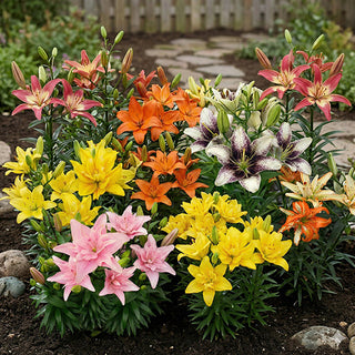 Rainbow variety of Asiatic lily blooms in pink, yellow, orange and white growing in garden border