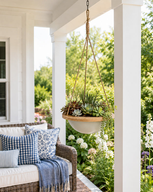 Round Wood Metal Hanging Planter | Modern Farmhouse