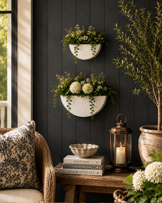 Distressed White Half-Moon Wall Planter, Set of 2
