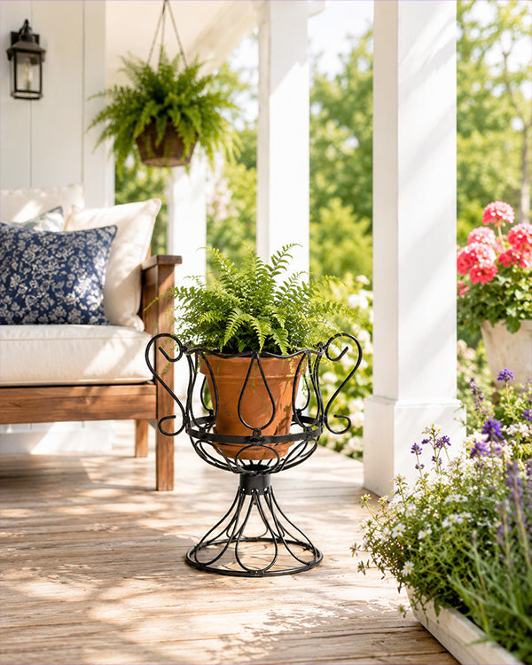 Wrought Iron Trophy Urn Planter with Scrollwork Handles
