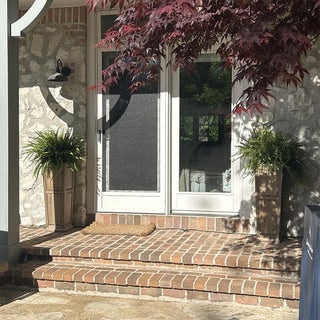 Front door of a house with brick steps and potted plants on either side.