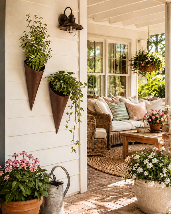 Rustic Metal Wall Planters Set of 2 - Cone Shape Hanging Garden Decor